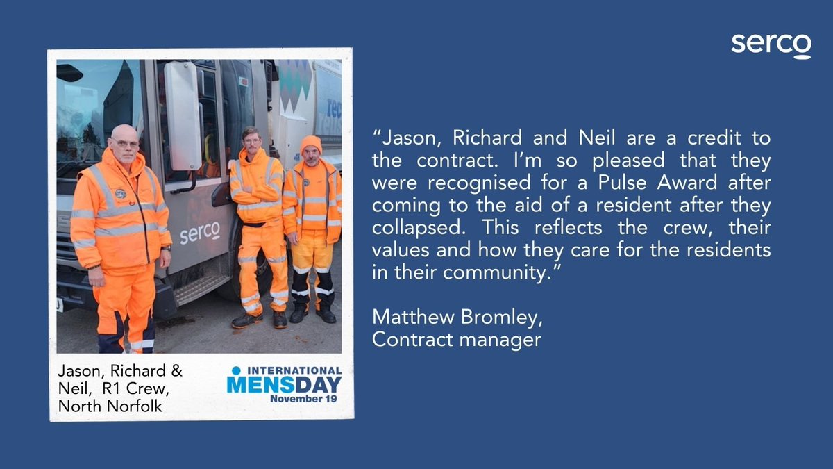 SercoESUK's tweet photo. Jason, Richard &amp; Neil from our @NorthNorfolkDC team were recognised with a @SercoGroup #PulseAward nomination. The R1 crew are a credit to their team &amp; look out for residents in their community.
#InternationalMensDay #SercoAndProud https://t.co/O7najXC1vA