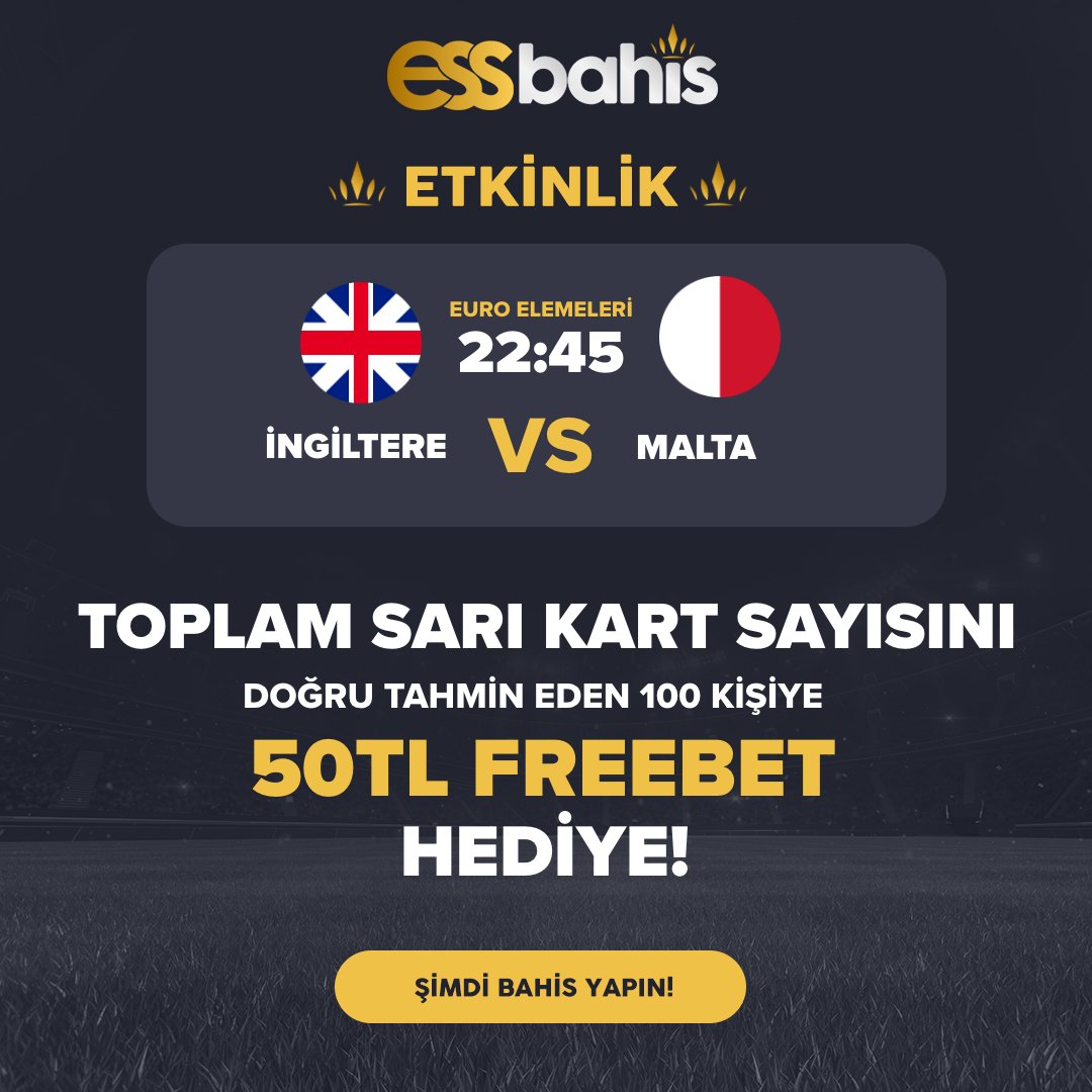 🎁 Essbahis'ten günün etkinliği!

⚽ İngiltere - Malta maçının toplam sarı kart sayısını doğru tahmin eden 100 kişiye 50₺ Freebet hediye!

✅ Hesabımızı takip et, gönderiyi retweetle!
⚡️ Kullanıcı adını ve tahminini yorumlarda paylaş.

↪️ Hemen oyna: essbahis219.com