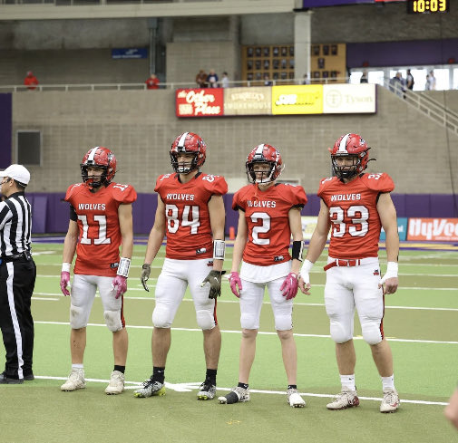 Final stats:  11-1 team record, state semi’s: 
Def: 60.5 tackles, 47 solo, 22.5 TFL’s, 11.5 sacks, 1 INT returned for a TD, 2 fumble rec, 1 punt block &amp; 16 pass deflections 
Off: 23 Rec. 393 yards &amp; 6 TDS, 5 carries, 17 yds, 3 TDS, 10 2 pt. conversions
Going to miss my brothers!