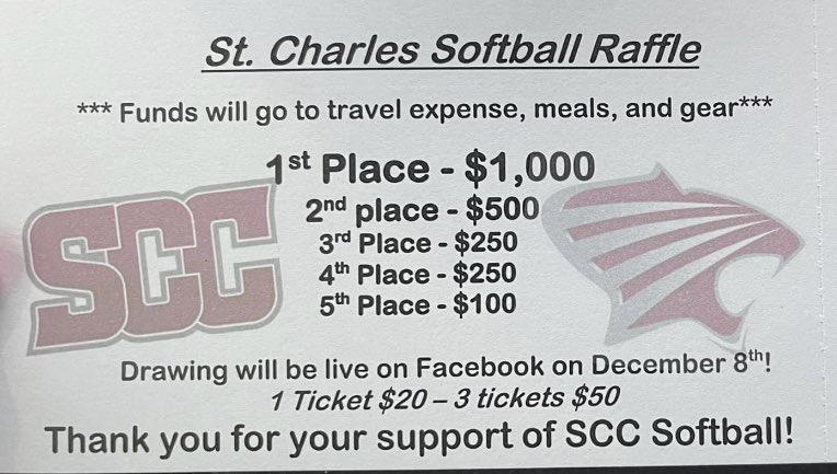 💵💵COLD HARD CASH! 💵💵
Who wants a little extra cash before Christmas! Help the SCC Softball team with their expenses for the spring! $20 a chance or 3 for $50! Only selling 400 tickets max! Let us know if you want 1, or 3! #SCCougs