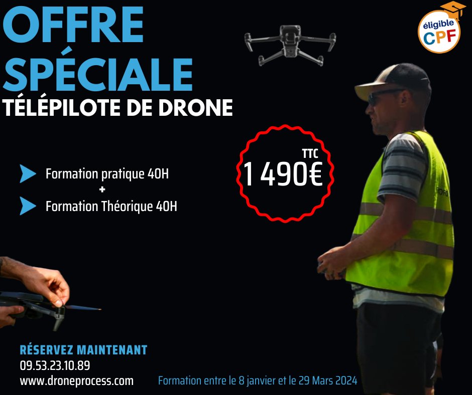 Une offre #formation #drone à ne pas manquer, renseignement ici ==&gt; droneprocess.com/offre-drone-pr…         #cpf #formation #drone #ue #easa #uav #2024 #droneprocess #chambéry #grenoble #Lyon
