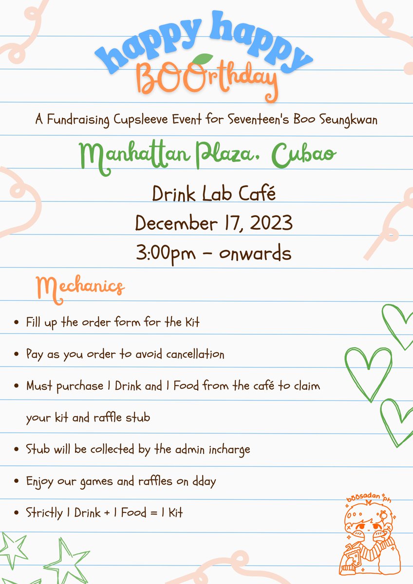 BooSeungkwanPH's tweet photo. EYES HERE, CUBAO CARATS! 👀🍊

We are bringing the best BOOrthday celebration to you!

Celebrate Boo Seungkwan's birthday by joining on our cupsleeve event at Drink Lab Cafe, Manhattan Plaza, Cubao on December 17.

More information below: https://t.co/6OLCbR4X2m