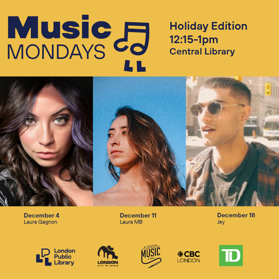 TD Music Mondays is coming back this December with a Holiday Edition!! 🎶Come *rock around* the Central Library with: ❄️Dec 4 - Laura Gagnon ❄️Dec 11 - Laura MB ❄️Dec 18 - Jey ⏲️: 12:15-1 PM 📍: Central Library, 251 Dundas St. ℹ️: bit.ly/3QHH60f