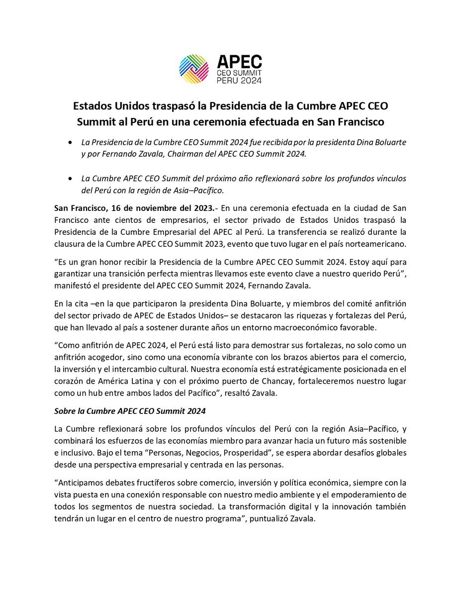 comexperu's tweet photo. Estados Unidos traspasó la Presidencia de la Cumbre APEC CEO Summit al Perú en una ceremonia efectuada en San Francisco.

La Presidencia de la Cumbre CEO Summit 2024 fue recibida por la presidenta Dina Boluarte y por Fernando Zavala, Chairman del APEC CEO Summit 2024. https://t.co/yFuMNsH8Tx