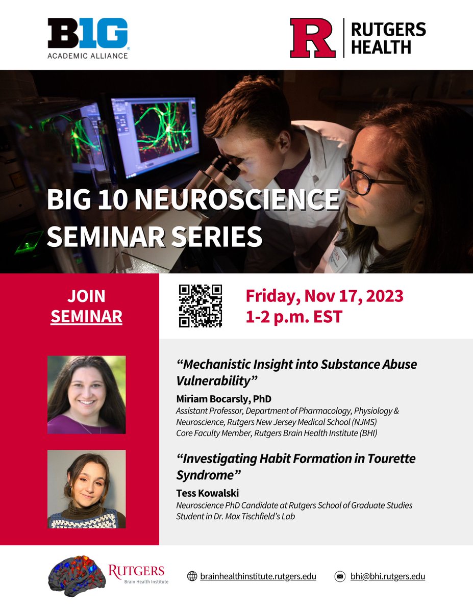 Don't miss today's #BigTenNeuroscience seminar featuring @NeuroBoc and Tess Kowalksi from @RutgersU!