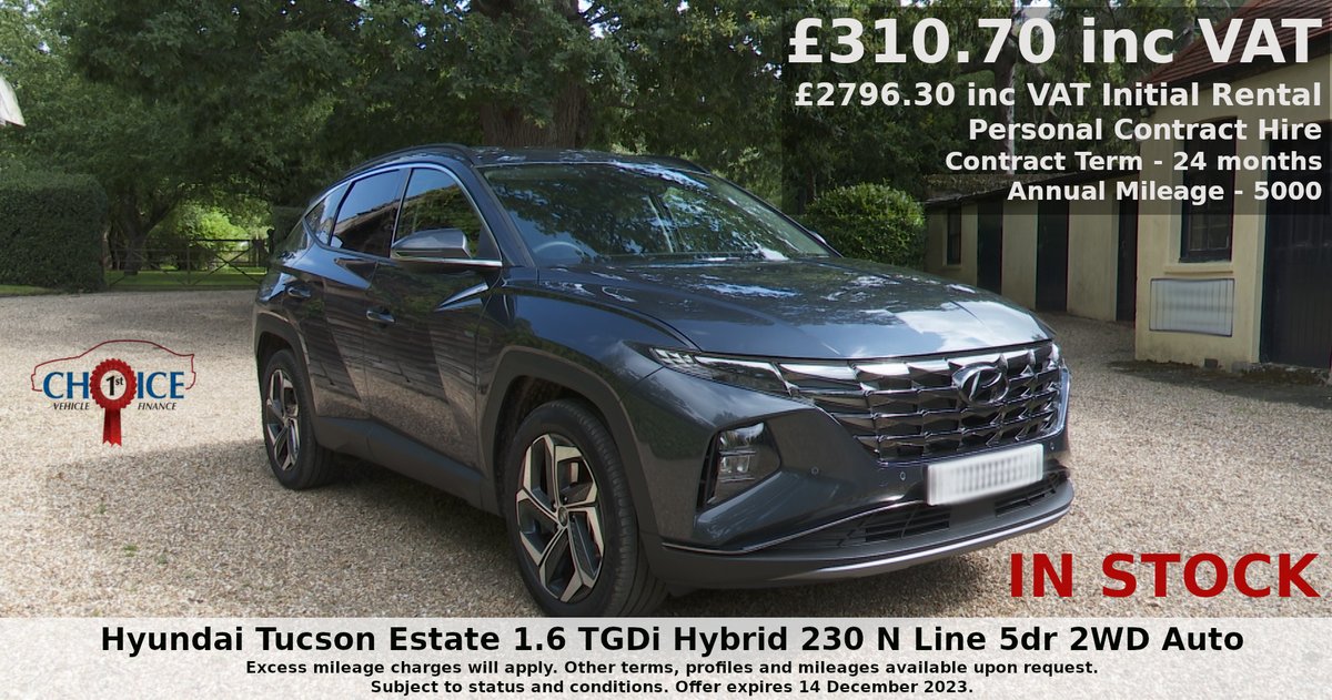 Vehicle_Leasing's tweet photo. Hyundai Tucson Leasing Deal–IN STOCK

£310.70 inc VAT, £2796.30 inc VAT initial rental
Based on personal contract hire, term–24 mths, annual mileage–5000, profile–9+23
https://t.co/MpddfQaB9B

#Hyundai #HyundaiTucson #HyundaiTucsonHybrid #vehicleleasing #contracthire #leaseacar https://t.co/FpC9jHj7Ho