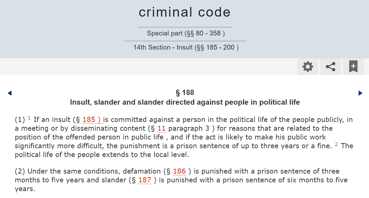 OB_Bln's tweet photo. @derJamesJackson § 185 Insult
§ 186 Defamation
§ 187 Defamation
§ 188 Insult, slander and slander directed against people in political life
Source: https://t.co/GxhKkg7yjb https://t.co/AkcJZvcTE6