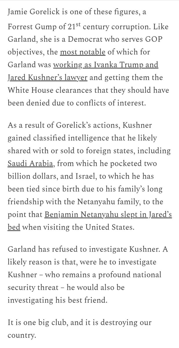 Why isn't Merrick Garland investigating Jared Kushner?

Because his best friend and mentor is Kushner's lawyer and the person responsible for getting him White House access that he never should have had.

Full article: sarahkendzior.substack.com/p/servants-of-…
