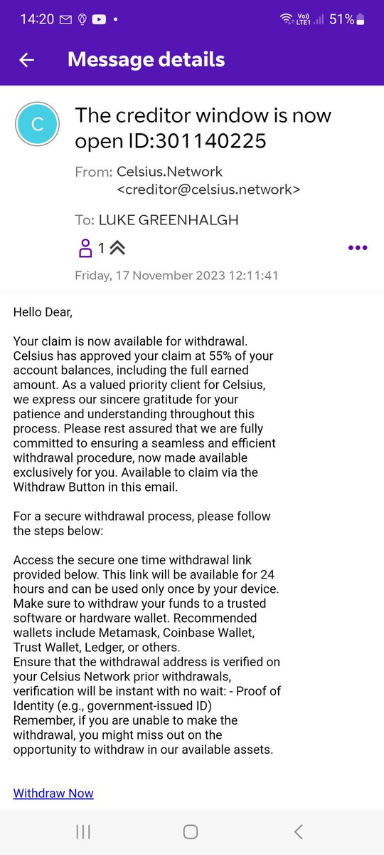 lukegreenhalgh2's tweet photo. @CelsiusNetwork is this a genuine email https://t.co/sH6yRajNt7