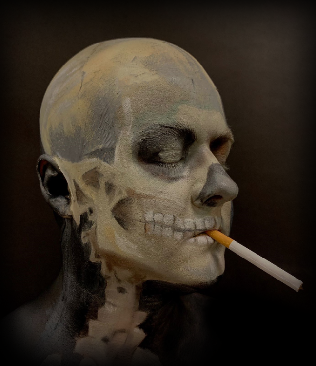 Washbeeer's tweet photo. van Gogh's Skull of a Skeleton with Burning Cigarette facepaint, painted by my girlfriend https://t.co/e3OAooJ3Va