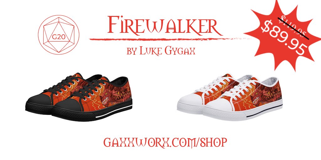 On sale now at gaxxworx.com/shop Firewalker from G20! Be the talk of your table with these kick ass red dragon shoes! Get them in time for Christmas. Graphic art by @DungeonScribe #firewalker #G20lifestyle #gygax #g20 #ttrpg #dnd