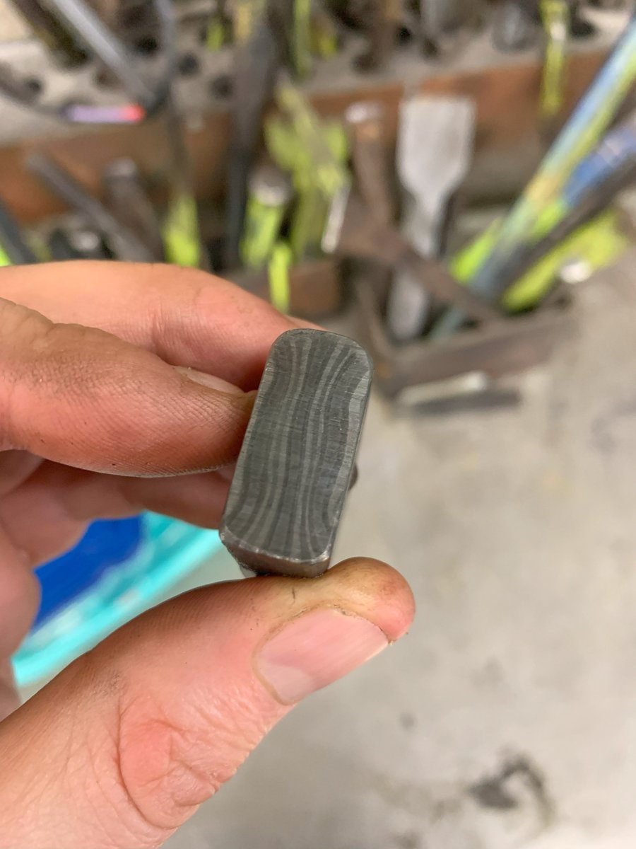 Enginerd_Devin's tweet photo. Damascus billet progress: 
1 - Layers test etch/preview
2 - Initial billet cut and restacked
3 - Tacked up and slathered in flux slurry
4 - Forged out and almost ready to twist https://t.co/j5A4kLkc80