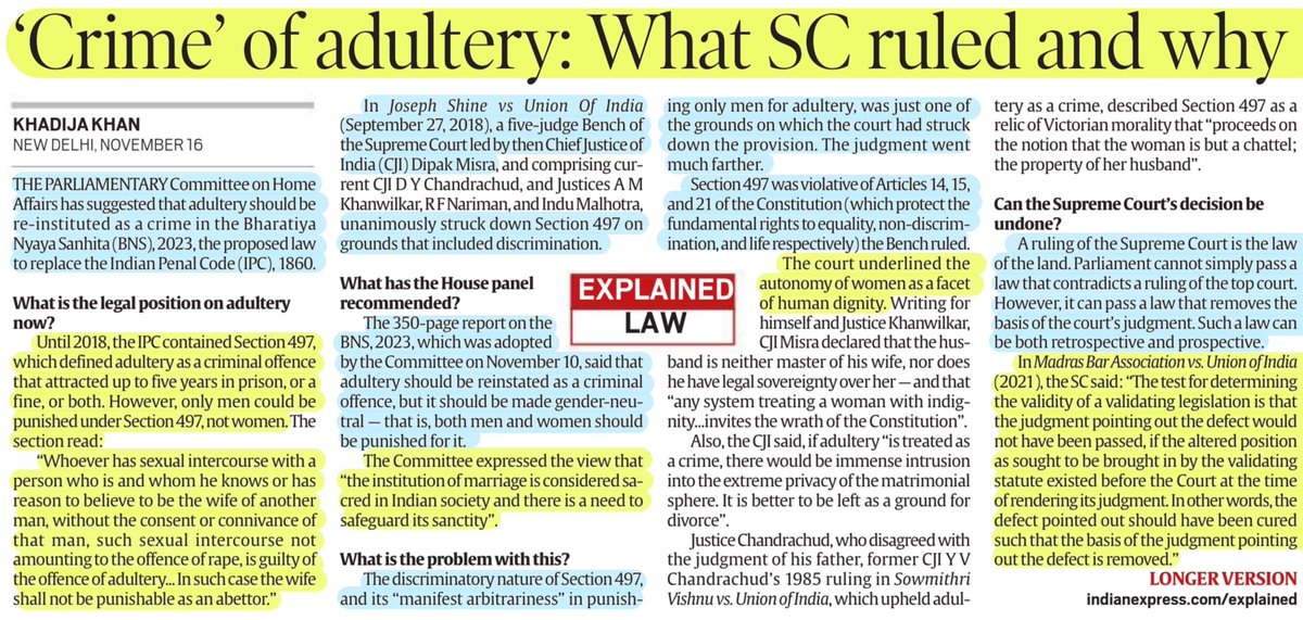 'Crime'of Adultery: What SC ruled and Why?
: Details

#SupremeCourt #CourtOfRecords  #Adultery #Section497 #IPC #Criminal #Offence 
#ParliamentaryCommittee 
#GenderNeutral #discrimination #marriage 
#Parliament #Legislation 
#law 

#UPSC 

Source: IE
