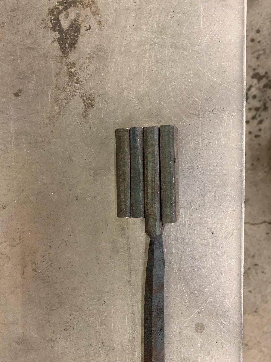 Enginerd_Devin's tweet photo. Damascus billet progress: 
1 - Layers test etch/preview
2 - Initial billet cut and restacked
3 - Tacked up and slathered in flux slurry
4 - Forged out and almost ready to twist https://t.co/j5A4kLkc80