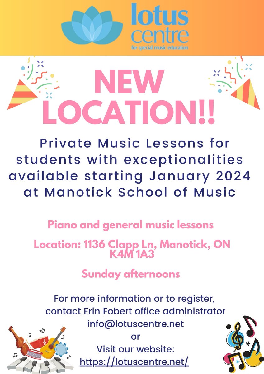 Lotus Centre for Special Music Education (@lotuscentremus1) on Twitter photo 🎶EXCITING NEWS! 🎶
We will be offering private music lessons at Manotick School of Music starting January 2024 on Sunday afternoons. Contact us for more details: info@lotuscentre.net 🎶EXCITING NEWS! 🎶
We will be offering private music lessons at Manotick School of Music starting January 2024 on Sunday afternoons. Contact us for more details: info@lotuscentre.net