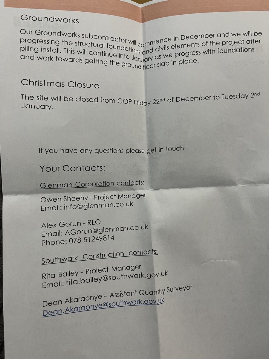 SayNoSlippers's tweet photo. No explanation as to why there has been no one on site for best part of a year. We just get told to basically expect noise from Monday. No working days or hours on the leaflet. Yet again no shits given about Slippers Place residents. @myldn @lb_southwark @Southwark_News https://t.co/UFxBQCV7u1