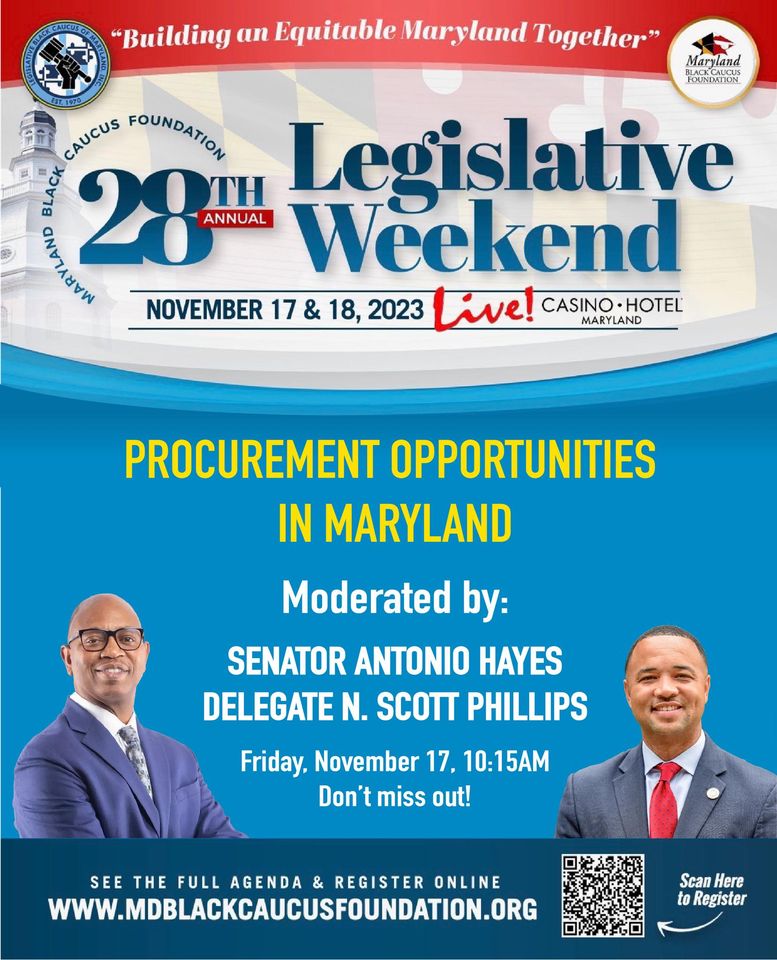 MBDAAMC's tweet photo. Join the Legislative Black Caucus Foundation today for a virtual session discussing Procurement Opportunities in Maryland moderated by Senator Antonio Hayes and Delegate N. Scott Phillips. You can register for the session and others at https://t.co/zn06icxIps https://t.co/wFEE3TgYhM