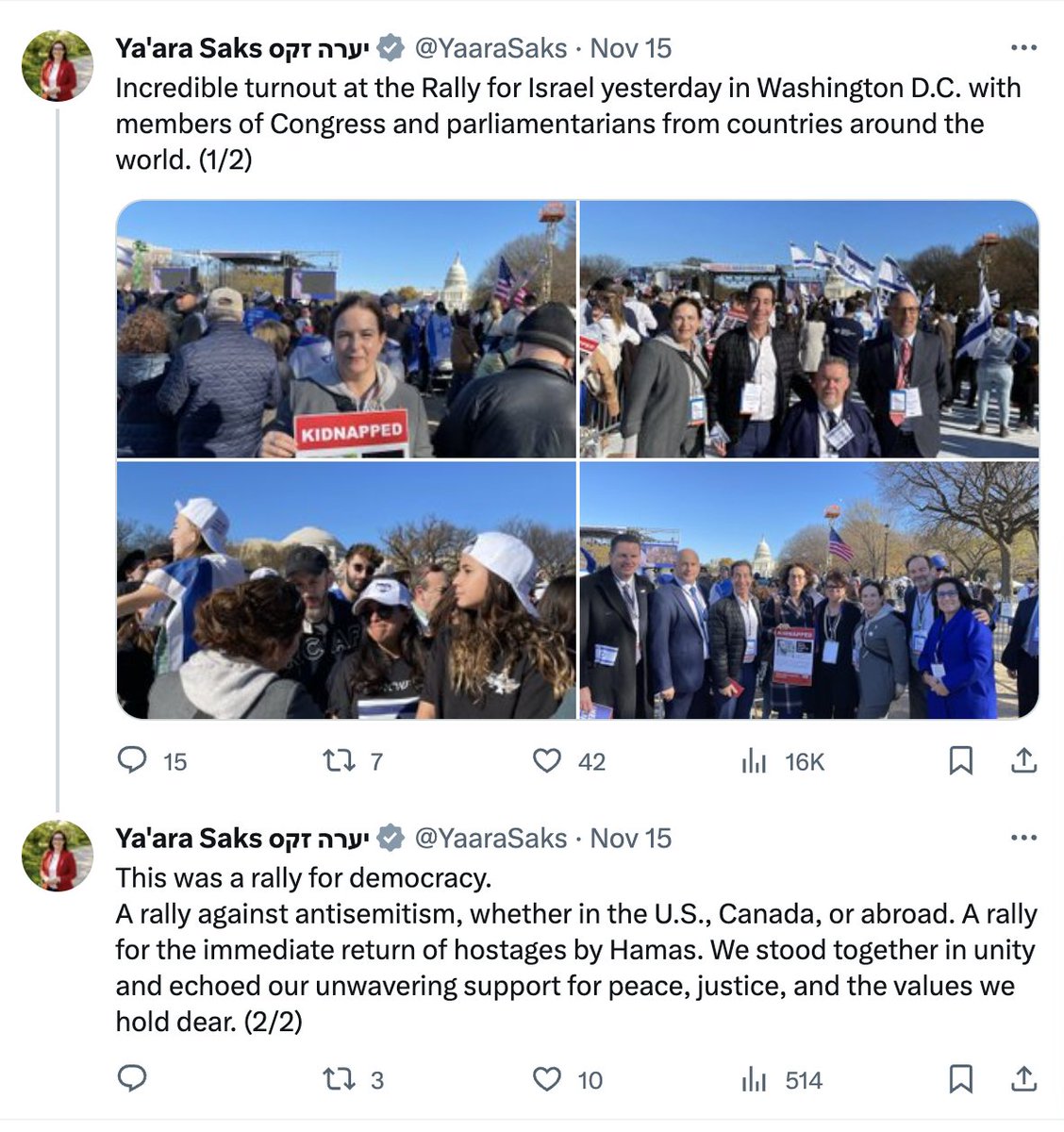mbueckert's tweet photo. The same day that @JustinTrudeau urged Israel to show "maximum restraint" and called for an end to the killing of women and children, his Minister of Mental Health @YaaraSaks attended the D.C. rally for Israel where the crowd cheered on the indiscriminate bombing of Gaza. https://t.co/ivepPELX4w