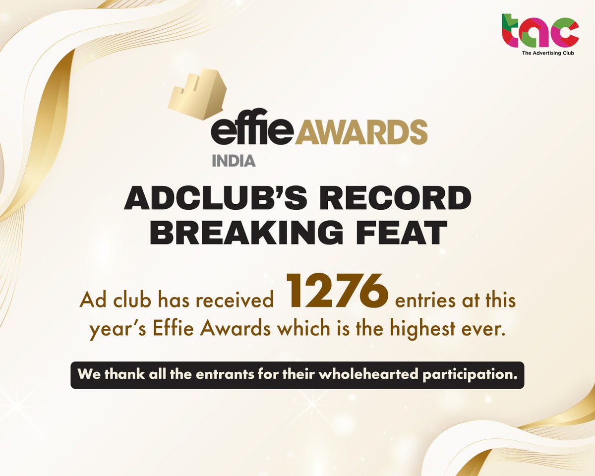 Cheers to a new era of marketing brilliance! 🌟 With an unprecedented entries at Effie India 2023, We at The Adclub extend our deepest gratitude to all participants for their exceptional contributions.