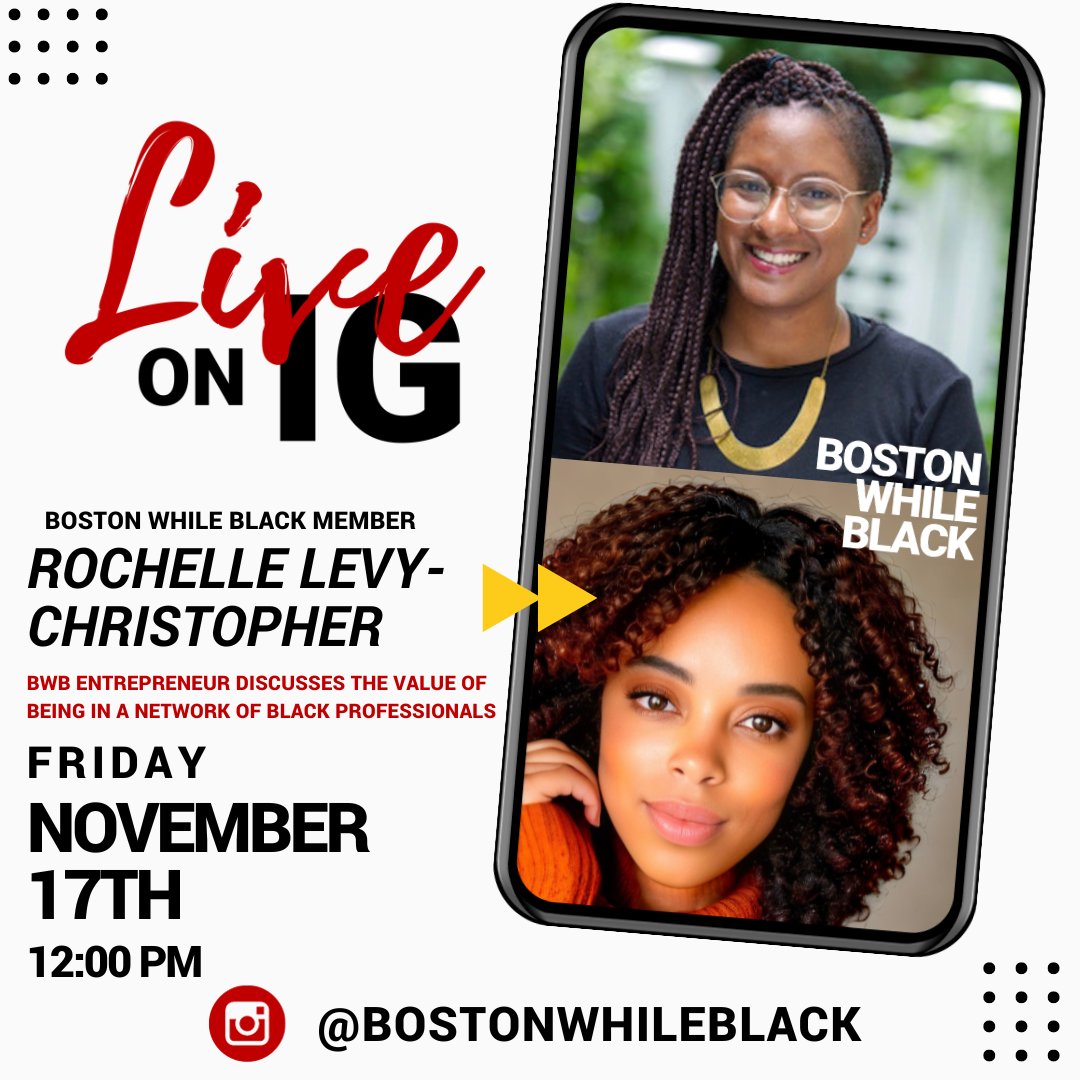 Join us LIVE on IG TODAY at 12PM! We are interviewing member & #BlackEntrepreneur @rodotchelle, Founder & CEO of The B.L.A.C. Project (@blacproject) & For Black Girls LLC. Learn how entrepreneurs can amplify their businesses with Boston While Black! hubs.li/Q029cjf70