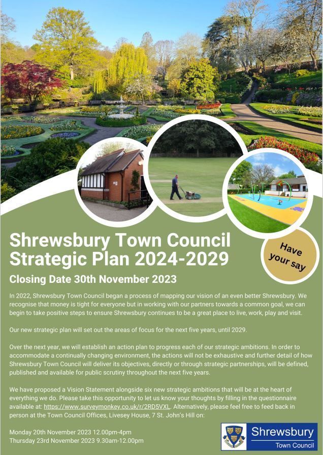ShrewsburyTC's tweet photo. Take the opportunity by completing the survey to have your say on Shrewsbury Town Council Strategic Plan for 2024 - 2029   https://t.co/VG9HKkOO5w 
https://t.co/2KLKVH4ff5 https://t.co/4WuFYlkagH