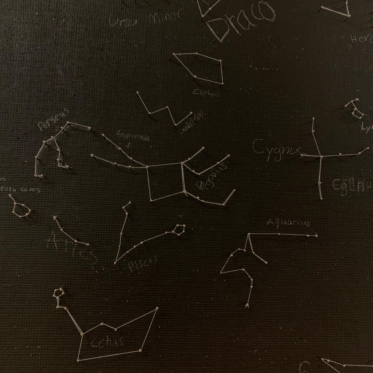 We’ve spent the last two weeks researching the constellations and recreating our night sky outside our classroom 🌌 made with pins, thread and brainpower #space #constellation #nightsky #winnipegsd