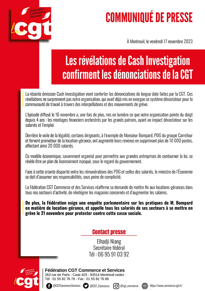 CGT_Commerce's tweet photo. Les révélations de #CashInvestigation confirment les #dénonciations de la #CGT
#carrefour #AlexandreBompard #locationgerance https://t.co/C5mp1hZHcO