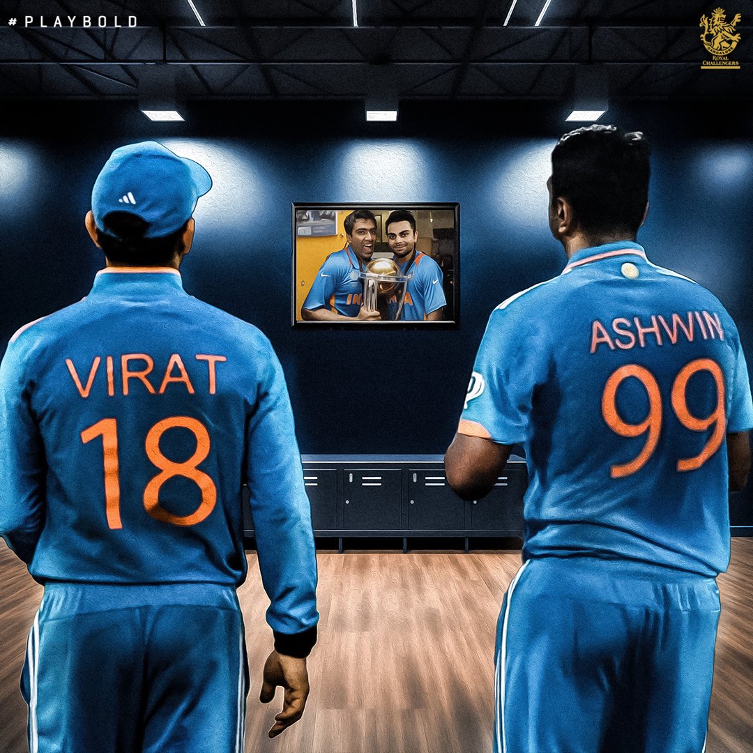 RCBTweets's tweet photo. No Indian cricketer has won the World Cup twice! And these two are waiting to create history on Sunday. 

The stage is set, the magic is waiting to happen. ✨

#PlayBold #TeamIndia #WorldCup #MenInBlue @imVkohli @ashwinravi99 https://t.co/RHkuYSeMZF