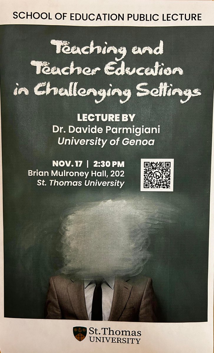 Today! Nov 17 @ 2:30 in BMH 20
"Teaching and Teacher Education in Challenging 
 Settings"

Speaker: Visiting scholar Dr. Davide Parmigiani, Associate Professor of Education at the University of Genoa (Italy).
More information: shorturl.at/eASZ4

<a href="/MarceaIngersoll/">Marcea Ingersoll</a> <a href="/StThomasU/">St. Thomas University</a>