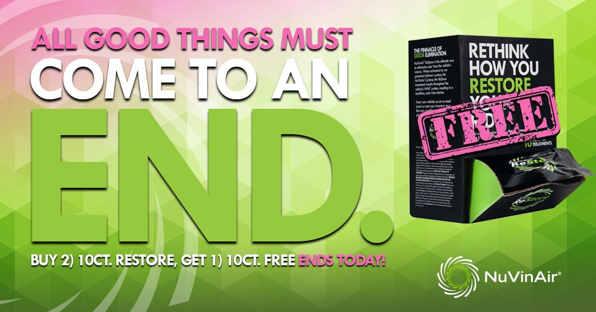 Today is the last day to get the best-selling, most effective vehicle odor removal treatment at the best price ever. Buy two 10ct. boxes of ReStore and get one 10ct. box FREE! Get it in your ordering system, by talking to a NuVinAir rep, or contacting support@nuvinair.com