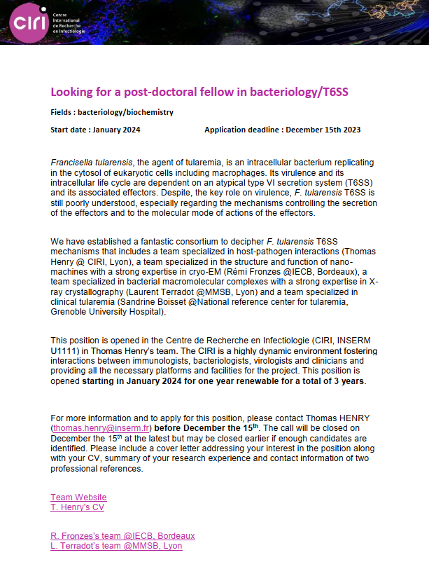 [RECRUTEMENT] L'équipe I2BA recherche un ou une post-doctorant(e) pour travailler sur les effecteurs du système de sécrétion de type 6 de Francisella et les mécanismes de sécrétion. Poste à pourvoir dès janvier (1 an, renouvelable pour 3 ans total). Candidatez avant le 15 Dec !
