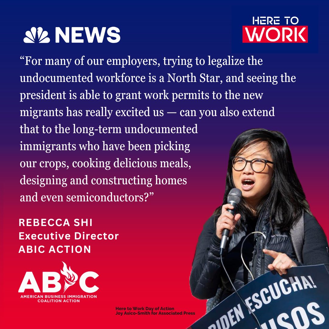 As our executive director @RebeccaShi1985 said at our #HereToWork Day of Action this week, working to legalize the undocumented workforce is our North Star. It’s time for President Biden to take action and deliver #WorkPermitsForAll. nbcnews.com/news/latino/un…