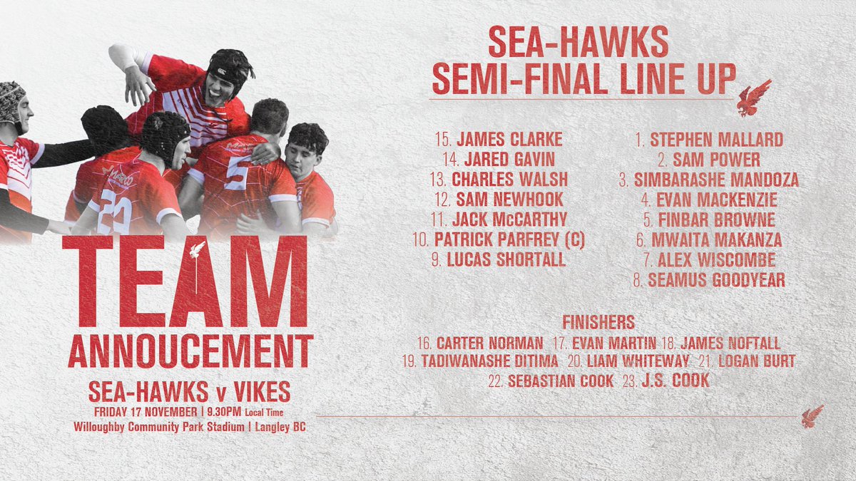 Your Sea-Hawks look to take down the nation's No. 2 seed, @uvicvikes, in the 2023 Raymond James Canadian University Men's Rugby Championship Semi-Final today!

9:30 pm Kick-off
Live Stream: therugbynetwork.com

#WeFlyTogether #seahawksrugby #rugby #universityrugby #upthevikes