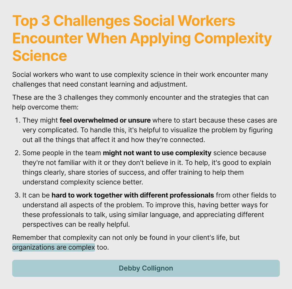 Top 3 Challenges Social Workers Encounter When Applying Complexity Science

#SocialWork
#SocialWorkComplexity
#AdaptingToComplexity
#SocialWorkChallenges
#ComplexityScience
#InterdisciplinaryCollaboration
#TeamCollaboration
#ComplexProblemSolving
