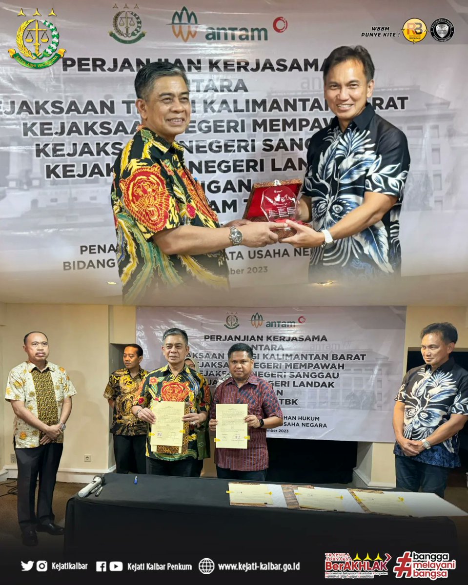 KejatiK's tweet photo. Jum'at, 17 November 2023, Kajati Kalbar Dr. Drs. Muhammad Yusuf, SH, MH, Menandatangani Perjanjian Kerjasama antara Kejati Kalbar, Kejari Mempawah, Kejari Sanggau, Kejari Landak dengan PT. ANTAM TBK tentang Penanganan Permasalahan Hukum Bidang Perdata dan Tata Usaha Negara. https://t.co/af3KFsUSMK