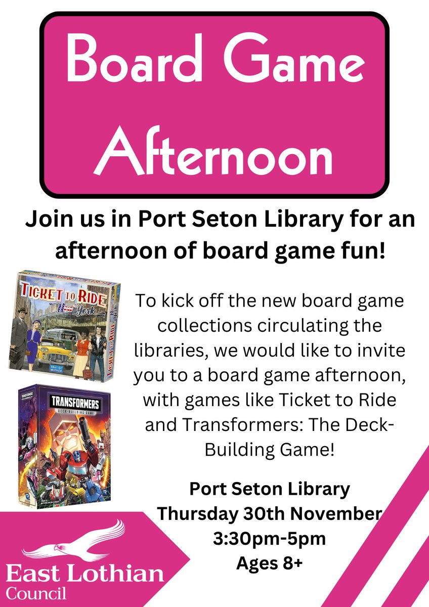 To celebrate the introduction of our new board game collection circulating the libraries, we are holding a board game afternoon at Port Seton library on Thursday 30 November, 3:30pm to 5:00pm. Come along & explore the world of board games with us!