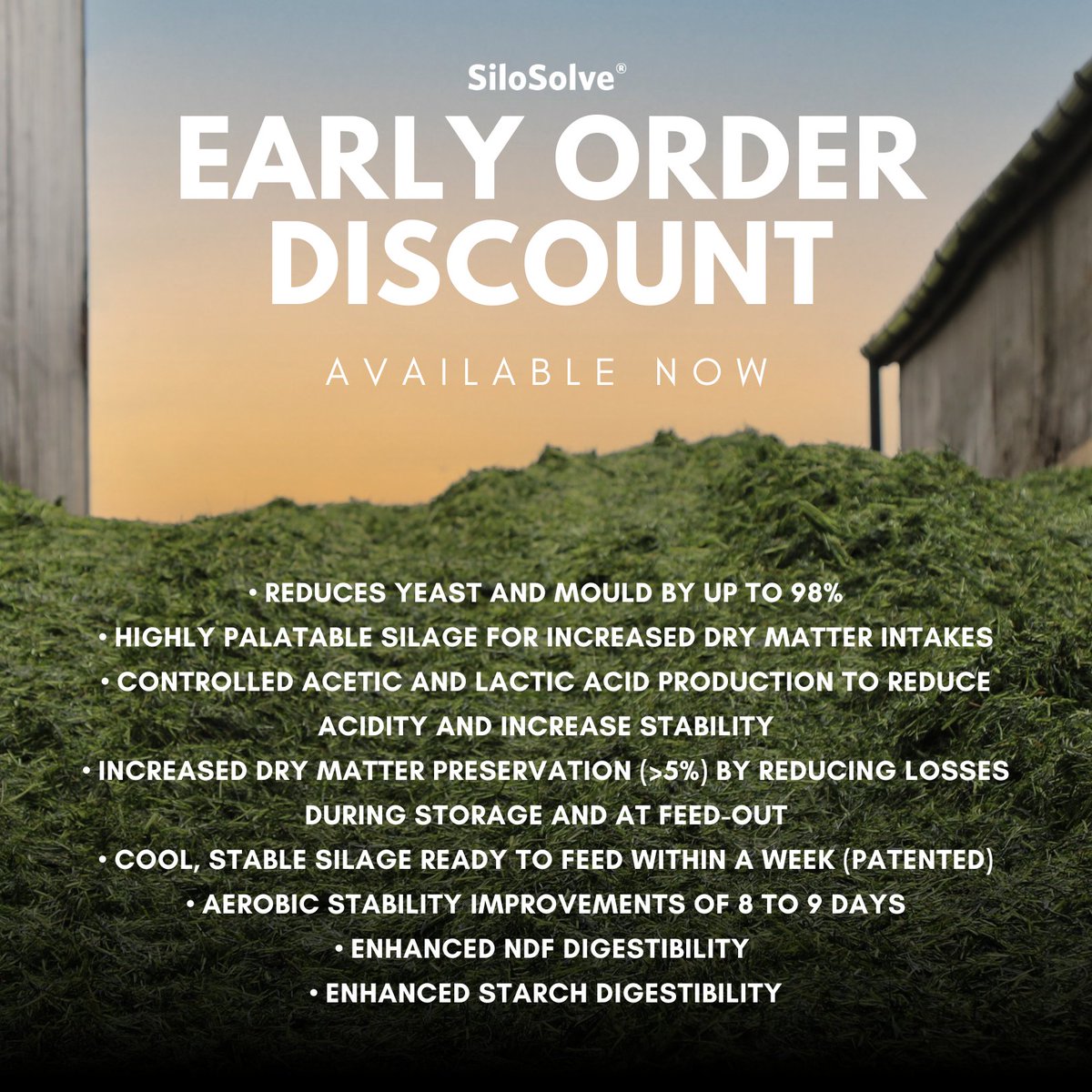 ⚠️ EARLY ORDER SALE NOW LIVE ⚠️
Due to overwhelming demand, this year we've launched even earlier!

Discount applies to both SiloSolve FC &amp; MC and orders must be despatched by 31/08/2024, so stock up for the whole year whilst you can! Ends 14/02/2023.