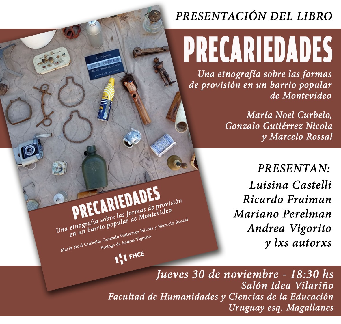📖 Presentación del libro:

"Una etnografía sobre las formas de provisión en un barrio popular de Montevideo"

🗣️ Contará con la participación de la autora y los autores: María Noel Curbelo, Gonzalo Gutiérrez Nicola y <a href="/mrossal2/">Marcelo Rossal</a>

🗓️30/11
⏰18.30h
📍FHCE

👉fhce.edu.uy/presentacion-d…
