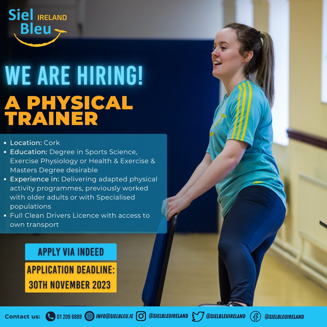 We’re Hiring! We're looking for passionate individuals in Cork to make a positive impact on the well-being of older adults and patient groups. Apply now through Siel Bleu Ireland Indeed! To learn more about the role, visit: ie.indeed.com/job/physical-t…