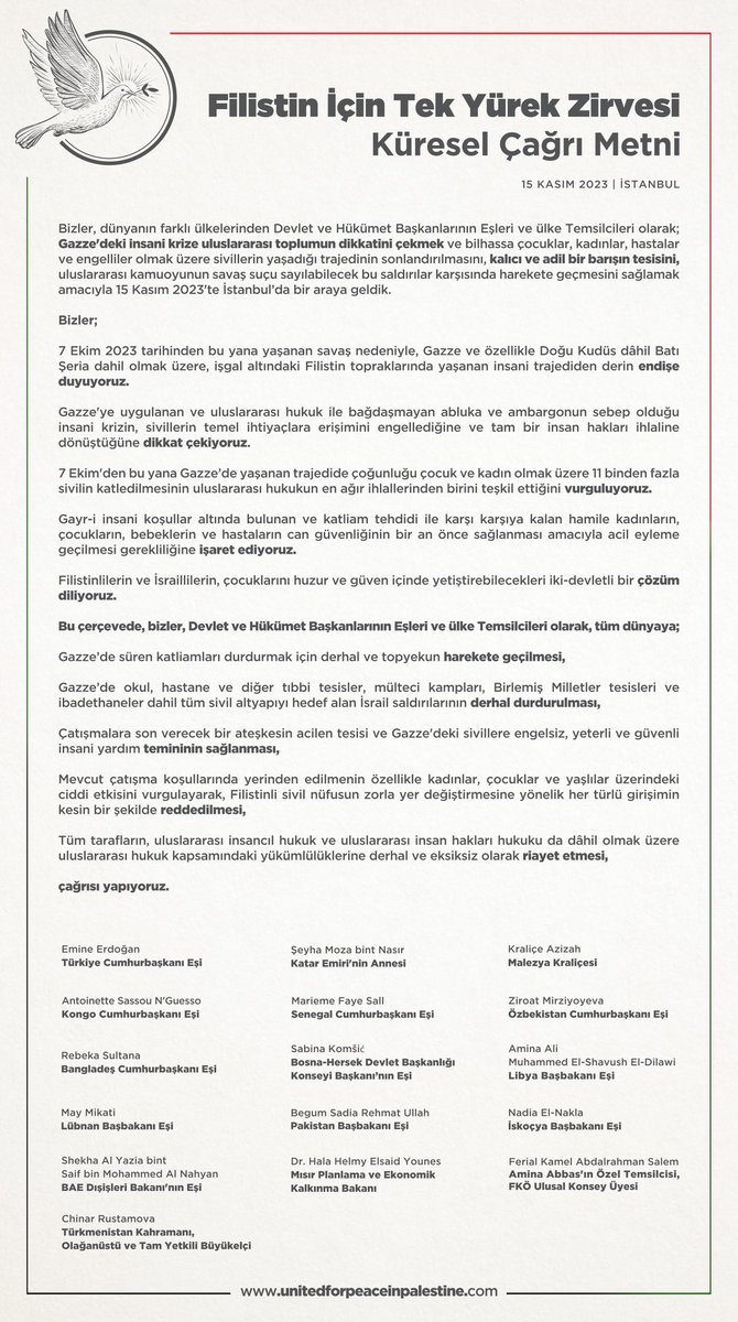 Dünyanın her bölgesinden lider eşleri ve ülke temsilcileri olarak seslerimizi “Filistin İçin Tek Yürek Lider Eşleri Zirvesi” vesilesiyle İstanbul’da birleştirdik. Gazze’de derhal ateşkes ilan edilmesi ve insani yardımların sağlanması için uluslararası toplumu harekete geçmeye