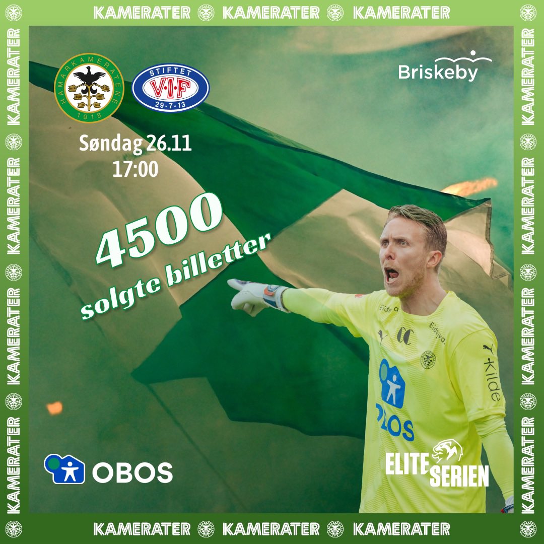 Billettsalget går unna til årets siste hjemmekamp mot Vålerenga neste søndag. 
4500 solgte billetter er status fredag ettermiddag.

Sikre deg billett i HamKam appen før det er for sent.

God helg Kamerater ⚽️🇳🇬