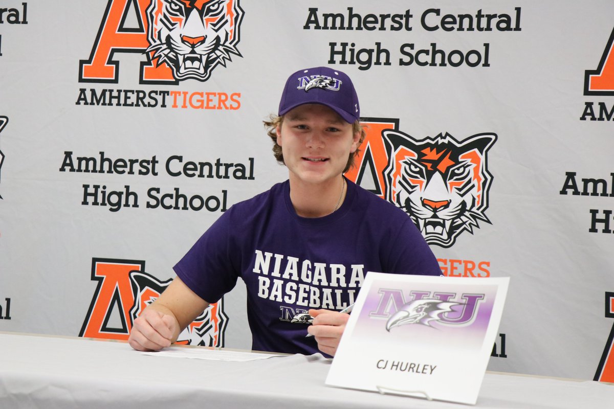 AmherstTigers1's tweet photo. Headed to @NiagaraBASE, CJ Hurley signs to play baseball at the collegiate level. #TigerPride for this future #PurpleEagle. https://t.co/yBjPfu7ZZe