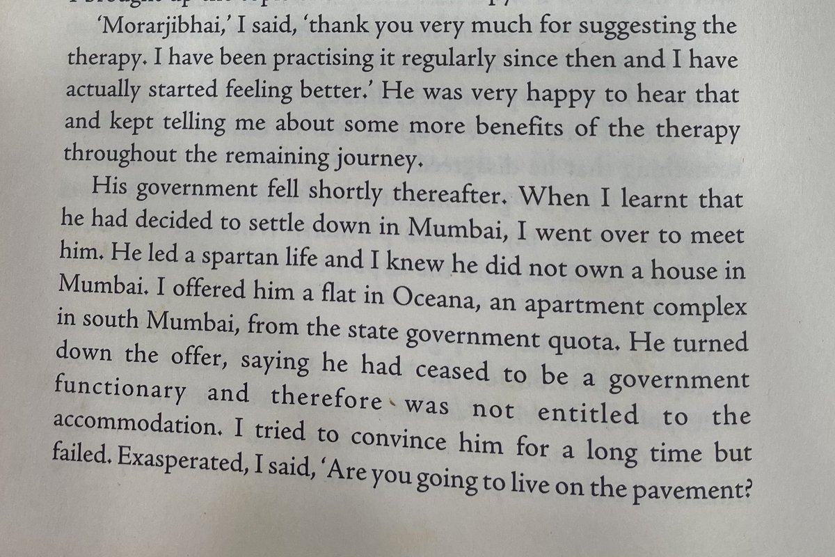 VishalBhargava5's tweet photo. Prime Minister Morarji Desai decides to settle down in Mumbai

CM Sharad Pawar offers him apartment in SOBO

Desai says he no longer in government. And not entitled

Pawar: "Are you going to live on pavement"

Desai: "Rubbish. That would be encroachment on public property" https://t.co/sipNyGgFQx