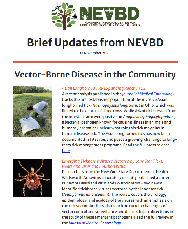 We share some exciting new job opportunities, plus new research on the expansion of the Asian longhorned tick and viruses spread by lone star ticks, in this week's newsletter. NEVBD Brief Updates 17 Nov 2023 mailchi.mp/39513a6c39a0/n…