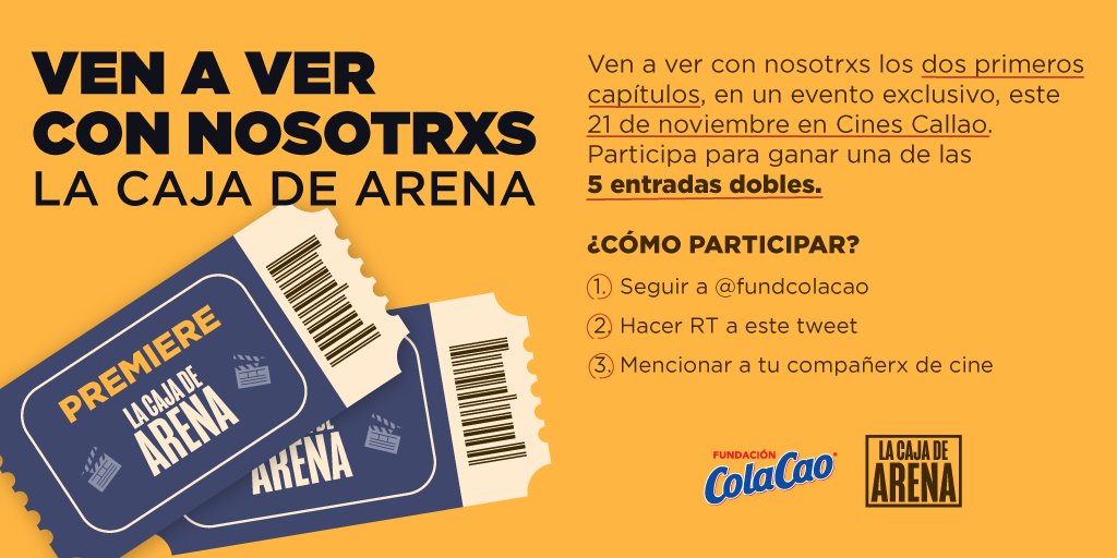 🎉 ¡Sorteamos 5 entradas dobles para la première de #LaCajaDeArena!

🍿Ven a ver con nosotrxs los 2 primeros capítulos este 21 de noviembre en <a href="/cines_callao/">Cines Callao</a>.

1⃣ Sigue a <a href="/fundcolacao/">Fundación ColaCao</a>
2⃣ Haz RT a este tweet
3⃣ Menciona a tu compañerx de cine 

#FundaciónColaCao #bullying