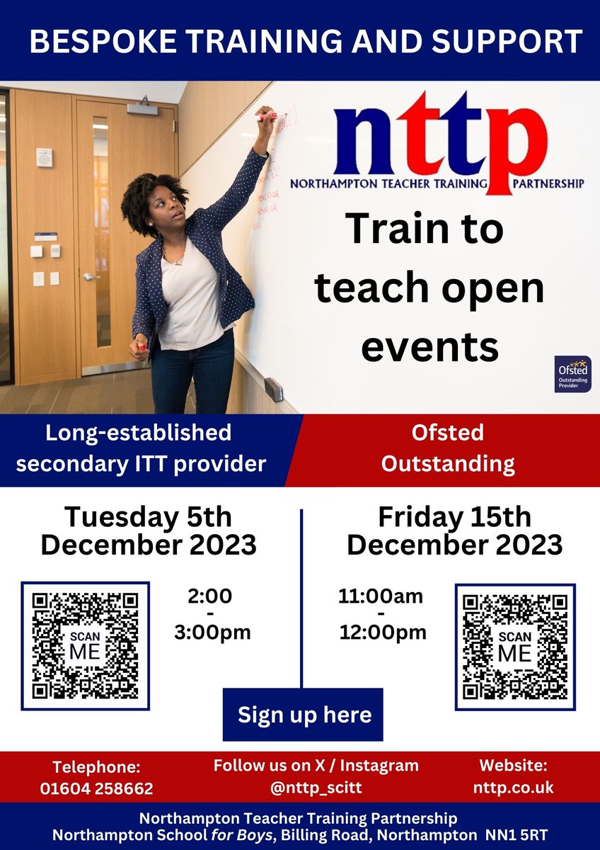 Are you interested in a career in teaching? If you want to find out more about training with NTTP, come along to one of our open events in December. To register, scan the relevant QR code below #ITT #inspire #teachertraining #traintoteach #getintoteaching #SCITT #nttp #secondary