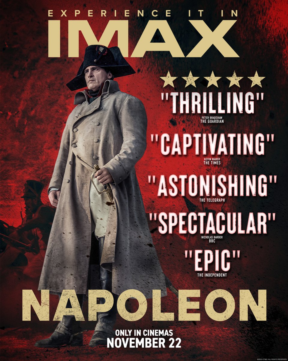 Ridley Scott's #Napoleon is "THRILLING" ⭐⭐⭐⭐⭐ (Peter Bradshaw, The Guardian). 
Experience it on the biggest screen possible, Only In Cinemas and <a href="/IMAX/">IMAX</a> November 22.

Book tickets: sonypictures.co.uk/movies/napoleon