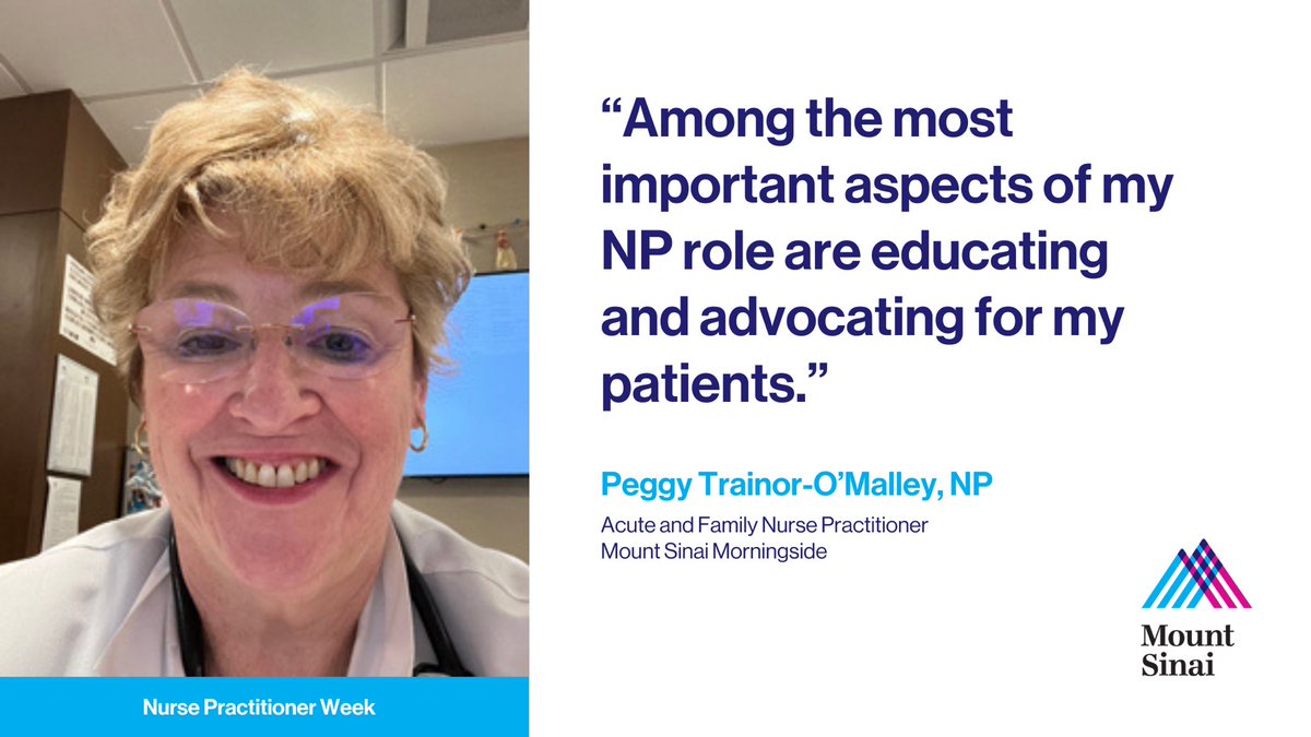 Mount Sinai Health System (@mountsinainyc) on Twitter photo “Among the most important aspects of my NP role are educating and advocating for my patients,” says Peggy Trainor-O’Malley, NP, a dually certified acute and family nurse practitioner, who has been a nurse practitioner at <a href="/MSMorningside/">Mount Sinai Morningside</a> for 25 years.
Hear from more MSHS nurse “Among the most important aspects of my NP role are educating and advocating for my patients,” says Peggy Trainor-O’Malley, NP, a dually certified acute and family nurse practitioner, who has been a nurse practitioner at <a href="/MSMorningside/">Mount Sinai Morningside</a> for 25 years.
Hear from more MSHS nurse