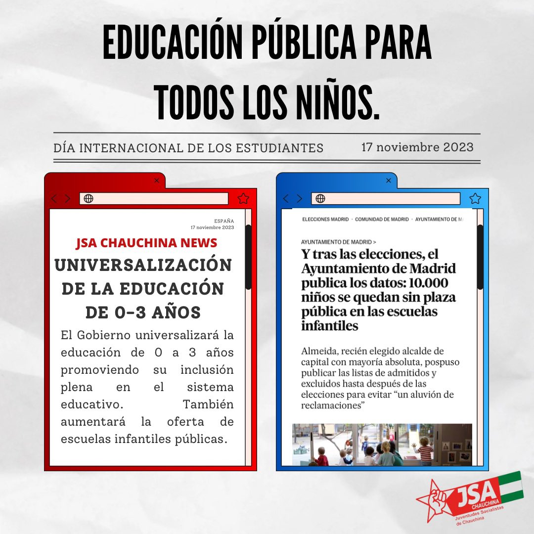 📆El 17 de noviembre, las JSA de Chauchina celebramos el día internacional de lxs estudiantes. 
📚Una educación pública de calidad es esencial para que niñxs y jóvenes crezcan en igualdad de condiciones y oportunidades.
➡️Hoy os enseñamos algunas propuestas del nuevo Gobierno.