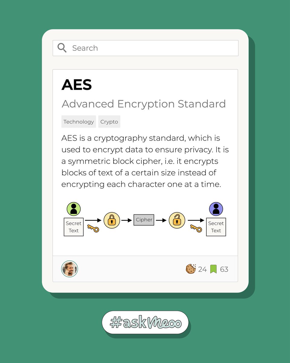 ask_meoo's tweet image. … The symmetric part refers to the key 🔑 used for the process; the same key is used to encrypt as well as to decrypt the data.

#askmeoo #acronymoftheweek #aes #encryption #crypto